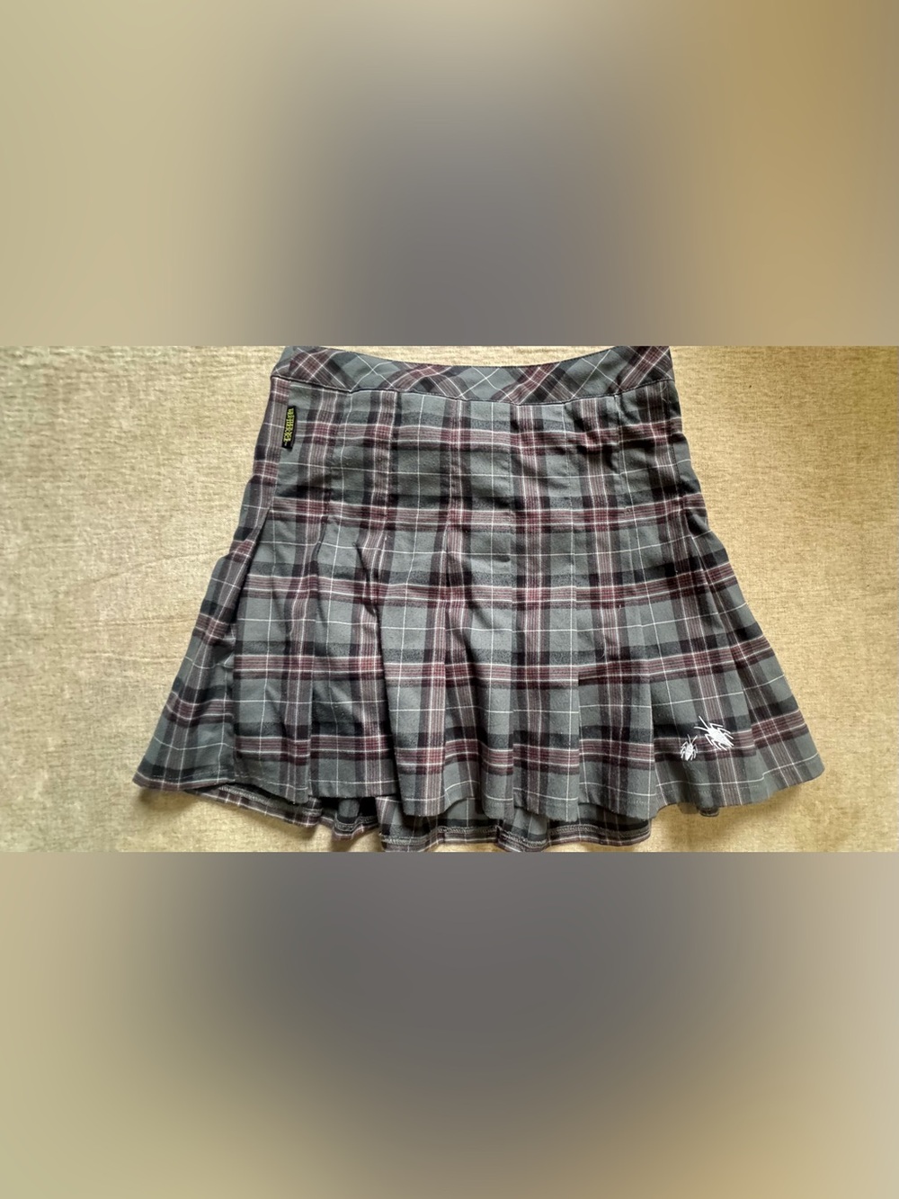 Plaid Pleated Mini Skirt in Gray and Burgundy